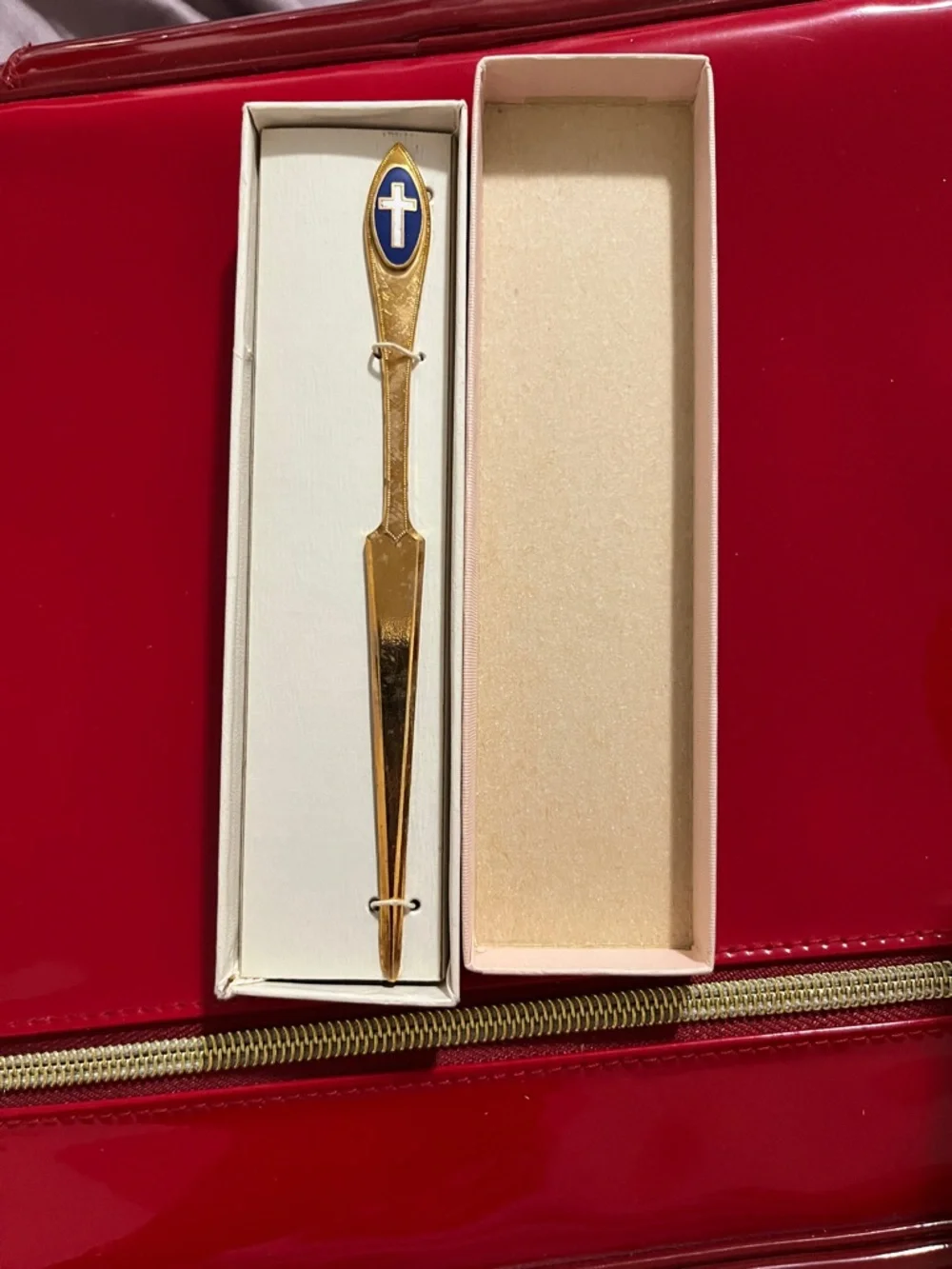 Vintage Gold Letter Opener with Blue and White Cross Emblem